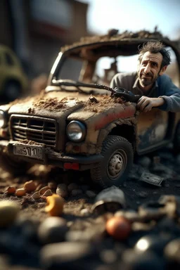 portrait of man stuck in small smashed up and deformed car after a crash sticking his feet out of the bottom like Fred Flintstone,shot on Hasselblad h6d-400c, zeiss prime lens, bokeh like f/0.8, tilt-shift lens 8k, high detail, smooth render, down-light, unreal engine, prize winning