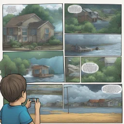 **Cinematic Art:** A captivating comic book series targeted towards children uses vibrant visuals and engaging storytelling to educate them about floods and storm preparedness. The comic features a team of young heroes who use their knowledge and skills to navigate flood situations and help their communities. The series emphasizes the importance of vigilance, staying informed, and following safety protocols. **Appearance:** Cinematic art ideas that encompass the essence of constructing and optim