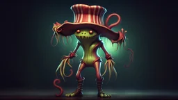 Creepy Dark mystical carnivorous plant wearing circus outfit standing and holding flesh, HD videogame character with dynamic lighting