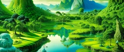 A lime green valley with a shimmering pond designed in African masks painted by Salvador Dali