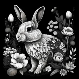 a beautiful rabbit between seeds and big flowers black background .black and white colors. for coloring . with grayscale