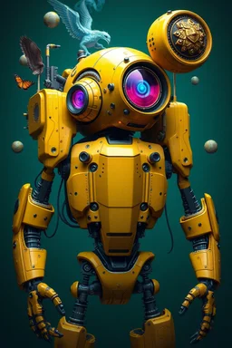 A hyper-realistic 3D Surreal digital painting, yellow droid mechanic, rich deep teal background, dreamlike imagery, fantastical elements, perfect body ,dymond ,