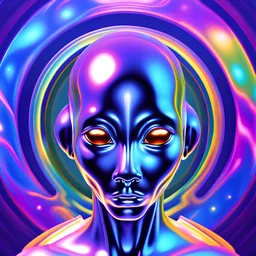 Jeff Koons style surreal illustration of a faceless alien with glittering glowing black skin and coming out of a never ending optical illusion wormhole portal, psychedelic art, abstract, concept art, high quality, bismuth, mid century modern sci-fi art