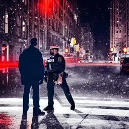 large muscular police officer speaking to a muscular man wearing a trench coat, downtown snowy new york at night, dramatic, dramatic lighting, volumetric lighting, hyperrealism, 8k, high quality, photorealistic, lot of details