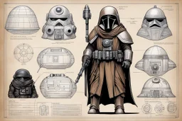 ConceptSheet blueprint [Jawa dwarf by Hans Ruedi Giger]: Star Wars Jawas aligned EDC unpacked equipment for the dunes and trade