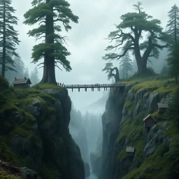 rany day, close ap a visible from the side one massive wooden bridge connects the over two gorge, between two tall rocky shores, sprawling, tall thick alien trees on both shores, log wooden houses in the distance in the background, rainy landscape, lush vegetation , massive trees, little wolf-man creatures work, and stand, high detailed, fantasy, high photorealistic, cinematic