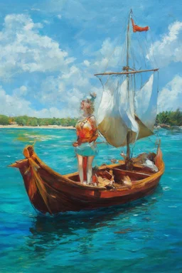 on the boat, in the style of Leonora Carrington