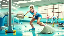 cleaning lady makes mess in gym