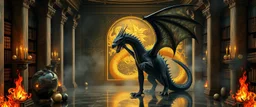 master oil painting by Escher and Giger, glaring vases and black humanoid reflective female dragon and hidden golden dragon inside marble hall library, cryptic eggs, sacred geometry, fire fog and steam border, fire elemental