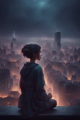 contemplative girl, background color be dim with cool lighting, atmospheric, dramatically lit city, facing away, fantasy