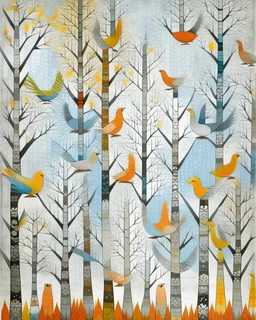 White foggy treetops with birds designed in Navajo woven art painted by Paul Klee