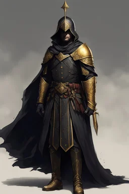 A commander with a black cloak and a long coat with long combat boots and a long spear with his Helmet is golden under his cloak