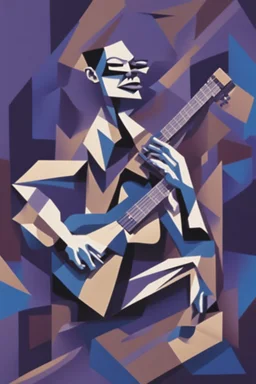 A captivating, cubist-inspired image of a guitarist with a cigar in his mouth, using fragmented shapes, lines, and a dark purple and blue color palette to deconstruct the subject's features and express the abstract and freeform jazz, music notes in the background that are making psychedelic patterns