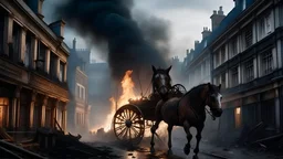 Winter, frosty, Victorian London Street in ruins, flames and smoke billows from smashed windows, a horse is dead partially skeleton, Apocalyptic, epic, photo-realistic, widescreen, cinematic,