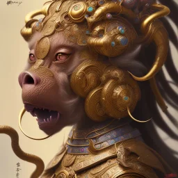 Sango fantasy, fantasy magic, intricate, sharp focus, illustration, highly detailed, digital painting, concept art, matte, art germ and Paul Lewin and Kehinde Wiley, masterpiece black Boar head bronze monkey Asian African girl nice breast Hawaiian hair turquoise golden waves