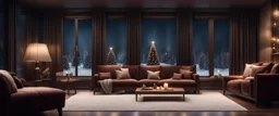 Hyper Realistic Dark Brown Living Room With Small Empty Wooden Frame & Fancy Velvet Furniture & Christmas Decoration at snowfall night from window view