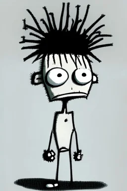 2d drawing of a stickman, cool with punk hair, x eyes like in hangman, no shirt and only dressed in a white towel, hands on hips, looking confused,3d realistic in colour