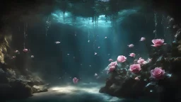 Photoreal magnificent magical view of a deep dark underwater cavern, dimly lit by glass fluorescent glass ceiling magic glass roses on the ceiling, magical hangs in the air by lee jeffries, otherworldly creature, in the style of fantasy movies, photorealistic, bokeh masterpiece smooth shading, ultra detailed, high resolution, cinematic, unreal 6, subtle shadows, octane render, 8k, cinema 4d, HDR, dust effect, vivid colors