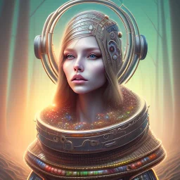 spray painting fantasy art, portrait blonde with metal rings on forehead, in mummy sweater, standing in portal to forest world from desert world,poetry book illustration