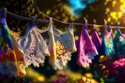 Beautiful lace tangas of different colours drying on a clothesline in a flower garden, centre, bold colours elegant fantasy 8k beautiful dynamic lighting award winning imperial colors hyperrealistic ultra detailed 4K 3D high definition crisp quality colourful hdr, backlit, in sunshine