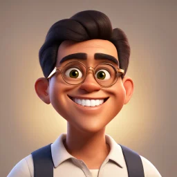 a portrait of smiling man. caricature. black little hair. brown skin. black eye pupils. circle eyeglasses with thin gold frame. round face shape, fat cheek. white shirt with black vest. pixar style. 3D. 4k. portrait. highly detailed. sharp focus. high resolution. full color. cinema lighting