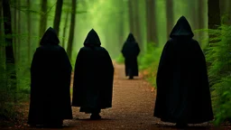 black robe hooded monks on the forest path