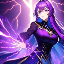 Clear focus, 8k, high quality, detailed, beautiful lighting, girl, vibrant colors, purple long hair, vibrant purple eyes, lightning magic, smile, angry