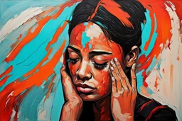 a painting of a woman with her eyes closed and having a headache, epic vibrant, wlop : :, raggae art, detailed heavy impasto, dazzling colors of orange and red and black, wavy cyan streak glitches, olivia pendergast influence