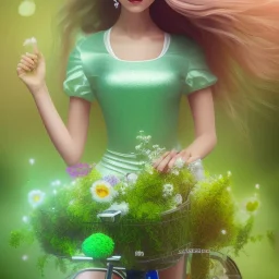 riding a bike, fairy, green, beautiful, hyperrealism, masterpiece, expert, cinematic lighting, sharp focus, 8K, pastel, macro lens, woman, detailed, flower, legs, symmetric face, blonde