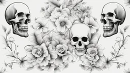 tracery of flowers and skulls, black and white, Maximum minimalism