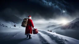 santa claus in north pole,carrying a sack of christmas presents, stars,deep dark,,fog,8k, volumetric lighting, Dramatic scene
