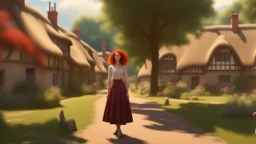 A photorealistic image of a red-haired, slender woman standing in a village green, surrounded by many thatched cottages, next to a large tree. Sunny day.