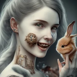 a cute smiling girl holding her toy bunny, tattoo in her face, michelangelo oil painting, steam punk, scary, horror, realistic, made in octane, cinematic, ultra-realistic, extremely detailed octane rendering, 8K, VRAY Super Real ar 2:3, dof photorealistic futuristic 50mm lens hard lighting dark gray tintype photograph, realistic lighting, sephia colors