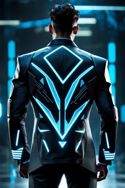 cyberpunk, neon blue, triangle of light behind the back, cyber suit, geometric patterns on a suit, male