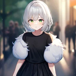 Clear focus, High resolution, light grey short hair, dark green eyes, wearing a black t-shirt and black skirt, fluffy hair, detailed outfit, really fluffy hair