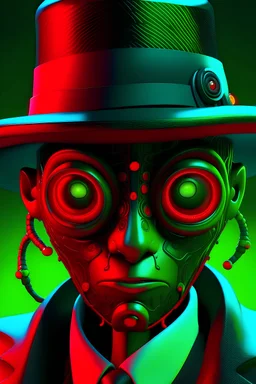 black cyborg with fluorescent green tentacles, fluracent blue eyes with a staring look, wearing a red fedora hat