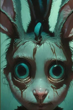 Mr. Nightmare bunny,cute, big eyes, reflection in eyes, magical,whole body, Art by Norman Rockwell, digital art, trending on artstation, high contrast, deep color, magical, beautiful