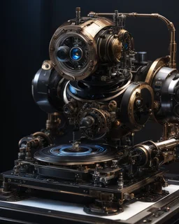 Dj player Mechanism classic robot,hyperrealism, masterpiece, expert, 8K, dramatic lighting, sharp focus, dark, black, steampunk