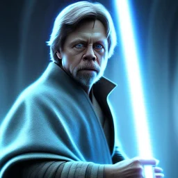 upper body photorealistic jedi mark hamill in Star Wars, sharp blue eyes, photorealistic weathered skin, jedi robe, cinematic lighting, intricate