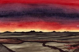 fantasy, illustration, watercolour, inhospitable locale, deserts of black sand, huge plains of dark granite, no water to be found anywhere, and no sunlight, blood-red sky, -brown, -plants, red sky, black sand,