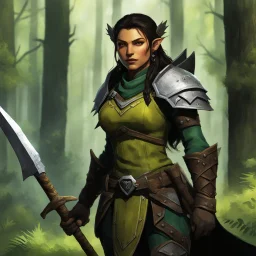 (in the forest) Vex'na is about six feet tall, with shoulders broad enough to suggest she could wield that axe with ease. Her teeth are yellow, her skin bears the mottled green-brown pattern typical of her heritage, but the way she carries herself marks her as someone who has survived to more dangers than most half-orcs manage at ther age in this unforgiving world. There are scars across her arms and neck, white against the darker skin, each one telling a story of battles survived. Her eyes, whe