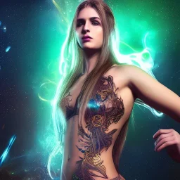 "perfect long-haired woman, full face tattoo of fractal art and galaxies extending past face and morphing into reality, 8k resolution, high-quality, fine-detail, intricate, digital art, volumetric lighting, octane render