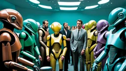 photo from the futuristic waiting room of a studio, a large crowd waits in a giant room. the aliens mutant humans, strange fantastical creatures, droids, and a few human-like beings of all sizes, colors, shaped and looks, stand in the crowd. high detalied, sharp focus, photorealistic, sci-fi style Professional photography, bokeh, natural lighting, canon lens, shot on dslr 64 megapixels , hd