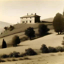 una casa de campo, con colinas, tipo cianotipo