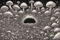 Looking into a black hole, hundreds of huge mushroom-shaped creatures with massive mouths, faceted eyes and tentacles.