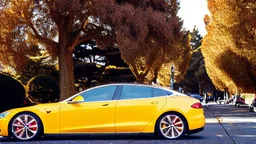 A Tesla's 'Model S Plaid' is doing donuts, within the 'Golden Gate Park', in San Francisco. CINEMATIC. WIDE ANGLE LENS. PHOTO REAL.