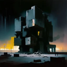 Dystopian future In desolate landscape at night. With a brutalist architecture concrete decaying blocks falling. Abstract oil painting in style of Justin Mortimer