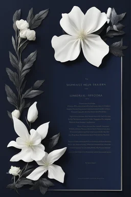 An extremely formal, funeral program for a black man on darkest blue deeply pigmented velvet paper with brilliant, brightest heavy white fonts, simple, minimalistic, less element, very dramatic lighting, detailed, white flowers,