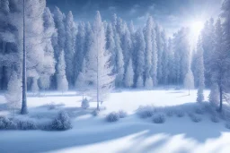 portrait of a winter wonderland landscape, detailed, pencil drawing, trees, white, blue sky, snow on ground, brown