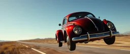 a high definition screen shot of a jet-fighter vw-beetle, retrofuturistic, phototrealism, in flight, one subject,